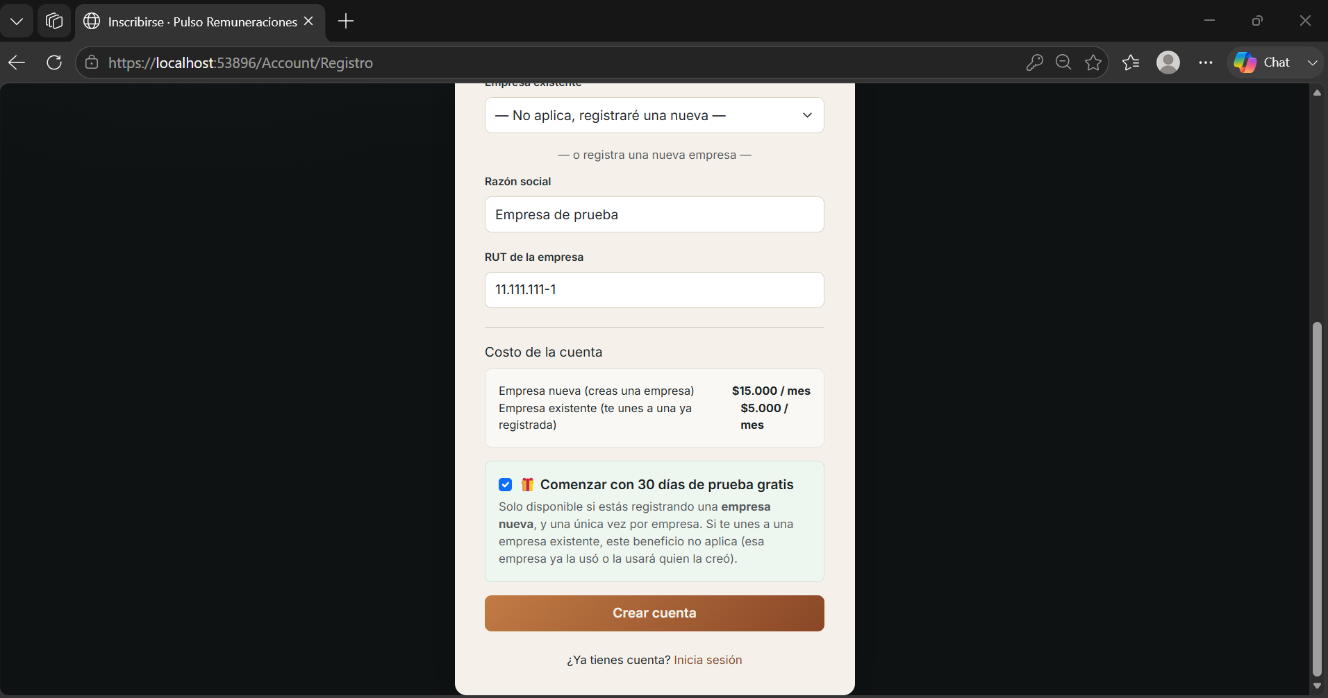 Pantalla de registro de cuenta