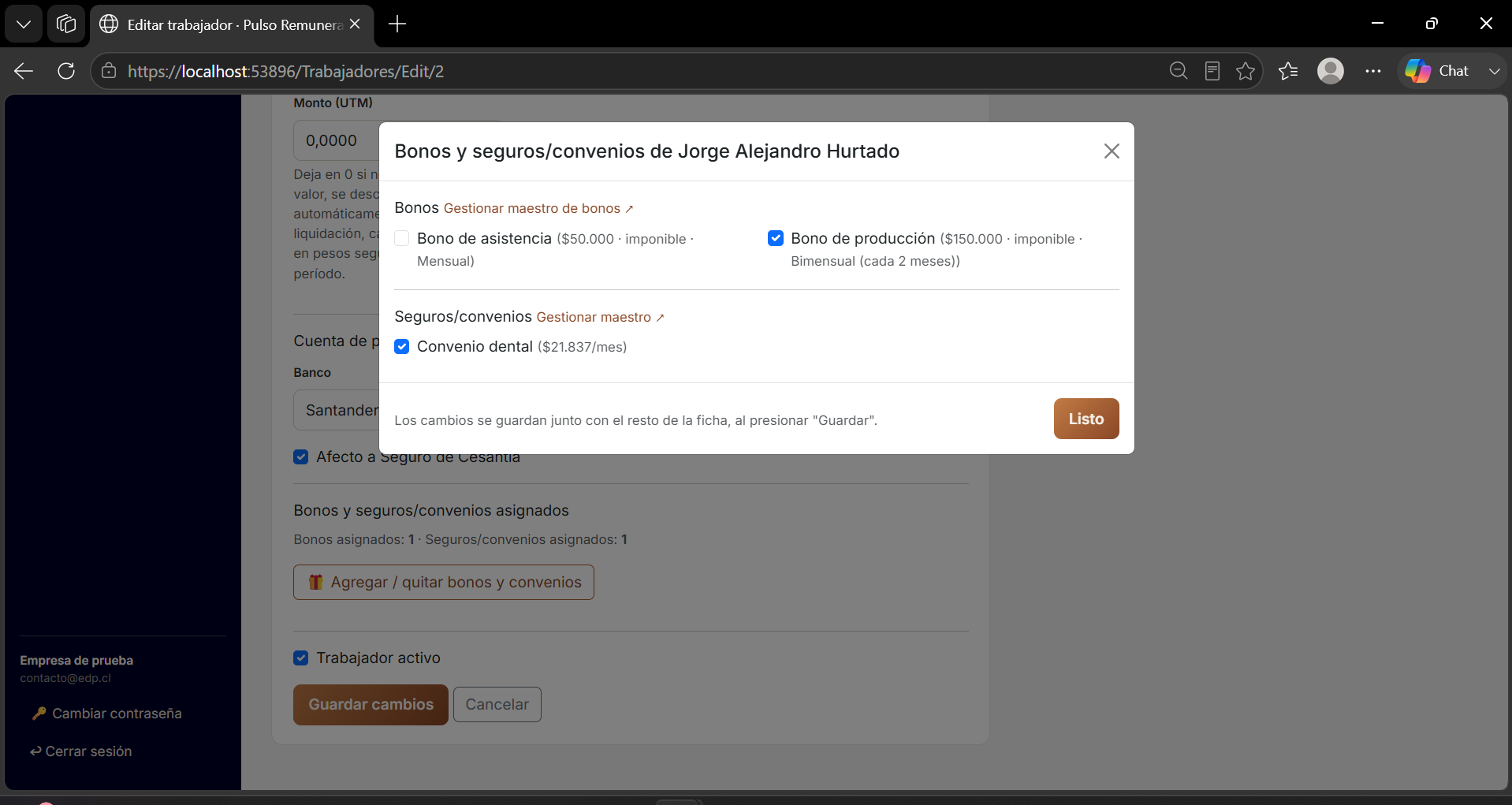 Asignación de bonos y convenios a un trabajador