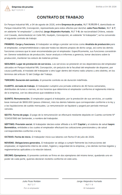 Documento de contrato de trabajo